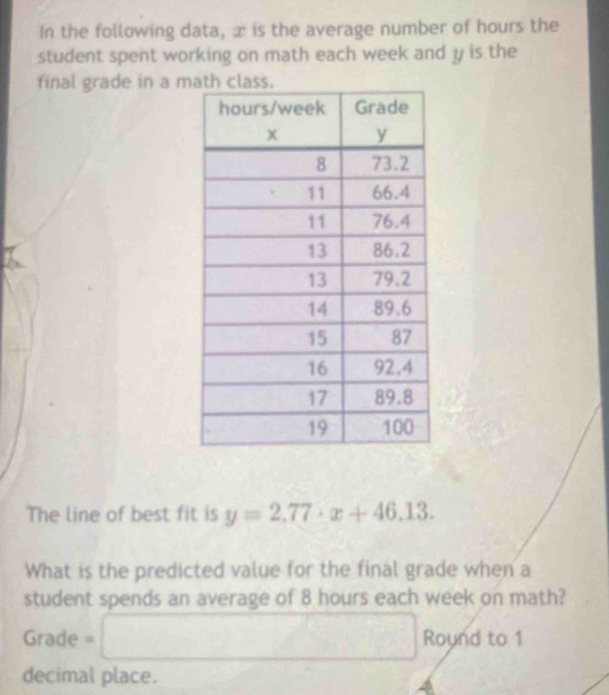 In the following data, æ is the average number of hours the 
student spent working on math each week and y is the 
final grade in a m
The line of best fit is y=2.77· x+46.13. 
What is the predicted value for the final grade when a 
student spends an average of 8 hours each week on math?
Grade = □ Round to 1
decimal place.