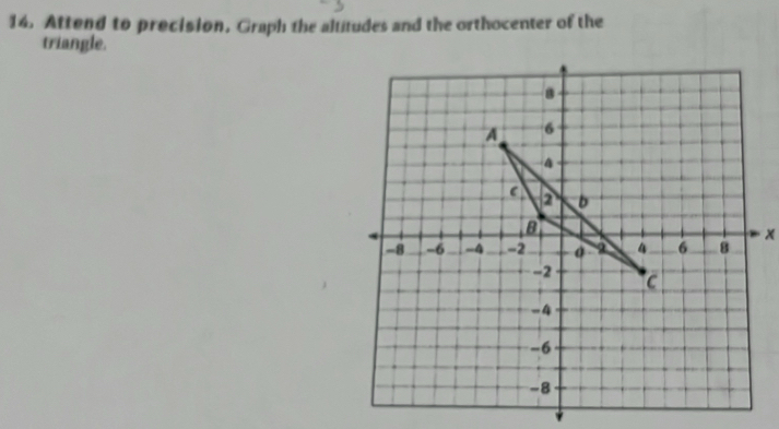 Attend to precision. Graph the altitudes and the orthocenter of the 
triangle.
x