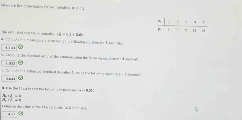 Given are five observations for two variables, æ and y.
The estimated regression equation is hat y=0.2+2.6x
a. Compute the mean square error using the following equation (to 3 decimals).
4,133
b. Compute the standard error of the estimate using the following equation (to 3 decimals).
2.033
c. Compute the estimated standard deviation 6 using the following equation (to 3 decimals).
0.644
d. Use the test to test the following hypotheses (alpha =0.05):
H_0:beta _1=0
H_a:beta _1!= 0
Compute the value of the  test statistic (to 2 decimals).
4.04