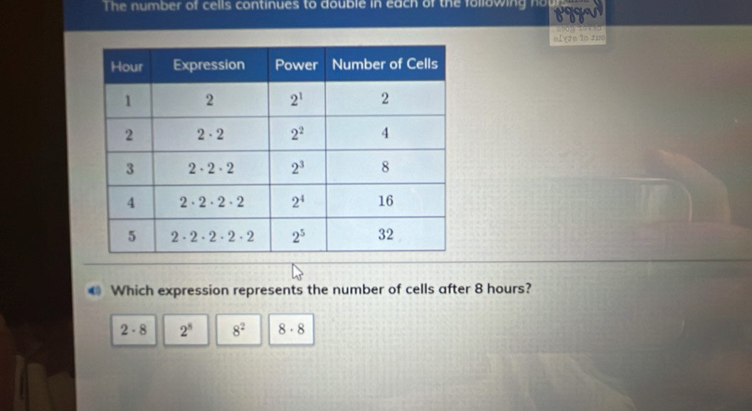 The number of cells continues to double in each of the following hou
        
शLvia to Juo
€ Which expression represents the number of cells after 8 hours?
2· 8 2^8 8^2 8· 8