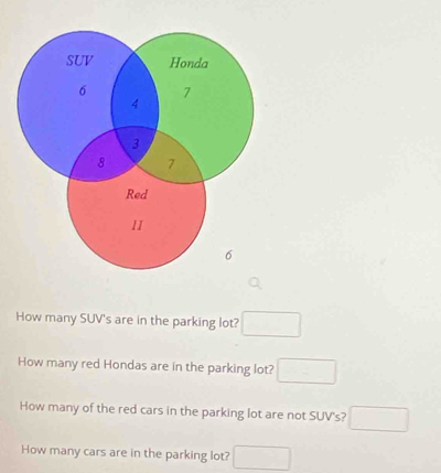 How many SUV's are in the parking lot? □ 
How many red Hondas are in the parking lot? □ 
How many of the red cars in the parking lot are not SUV's? □ 
How many cars are in the parking lot? □