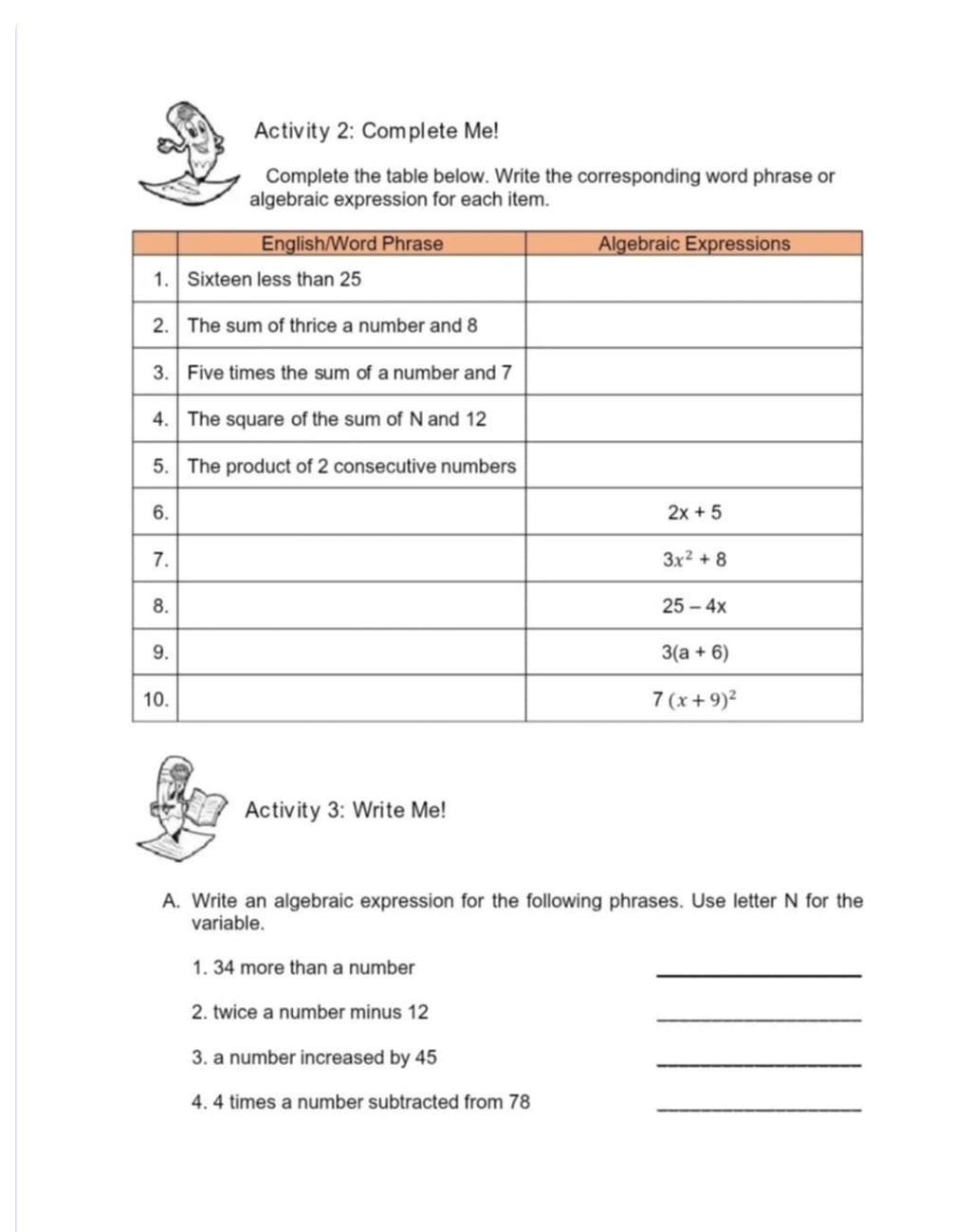 Activity 2: Complete Me!
Complete the table below. Write the corresponding word phrase or
algebraic expression for each item.
Activity 3: Write Me!
A. Write an algebraic expression for the following phrases. Use letter N for the
variable.
1. 34 more than a number
_
2. twice a number minus 12
_
3. a number increased by 45
_
4. 4 times a number subtracted from 78_