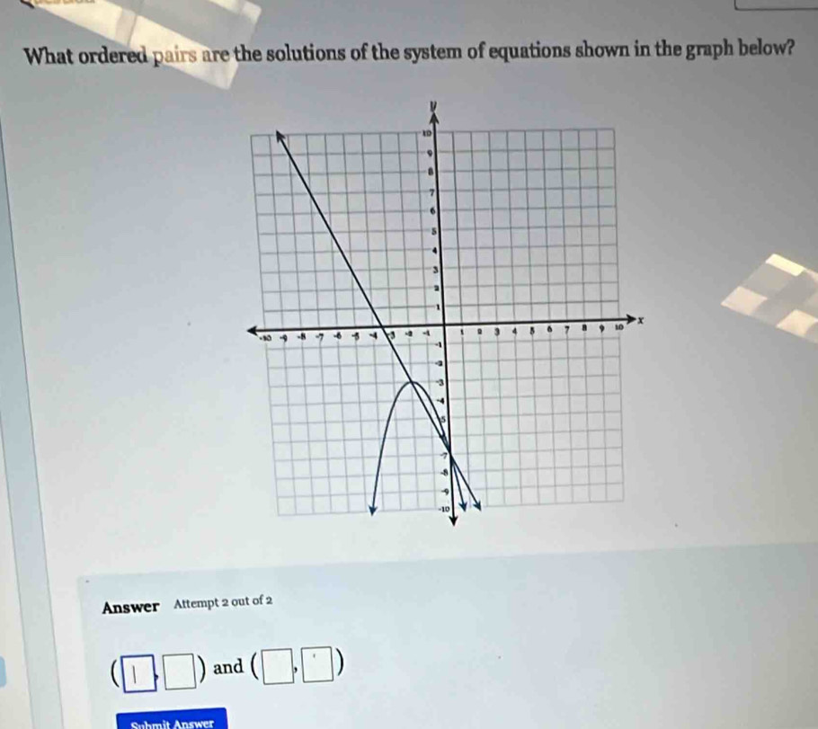 What ordered pairs are the solutions of the system of equations shown in the graph below? 
1D
7
s
4
3
1
-10 -9 -8 -7 -6 -5 -4 - 3 4 5 δ 7 , 10 x
-1
4
-3
-4
7
-8
-10
Answer Attempt 2 out of 2
(□ ,□ ) and (□ ,□ )
Suhmit Answer