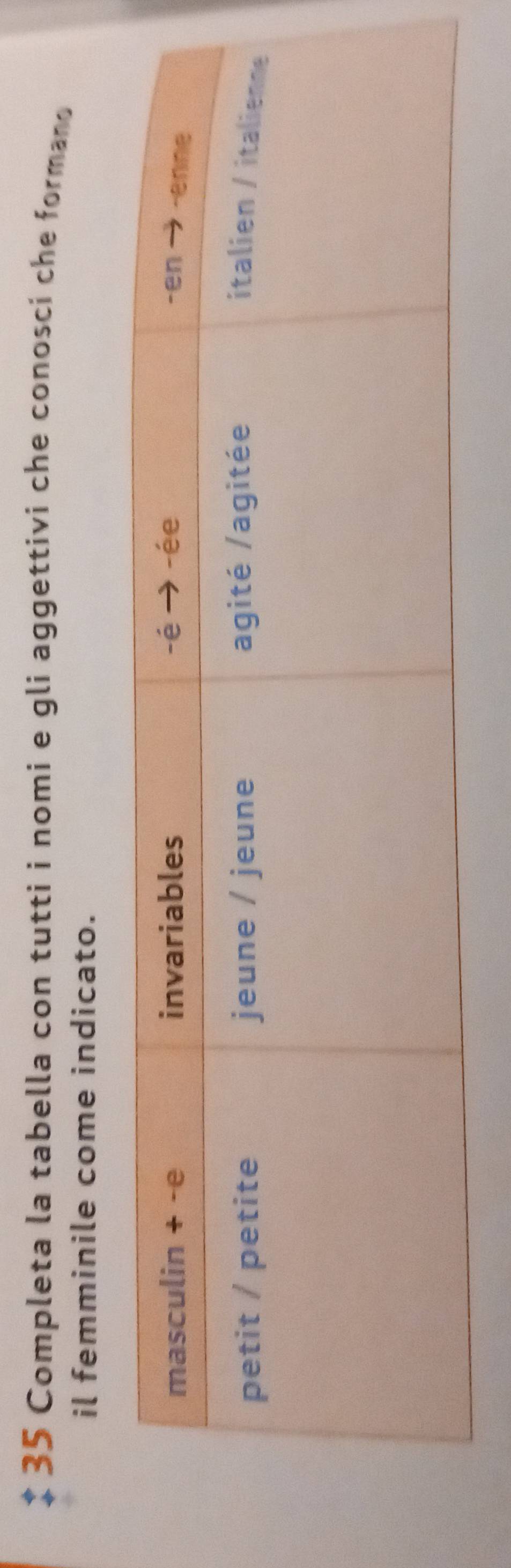 Completa la tabella con tutti i nomi e gli aggettivi che conoscí che formano 
il femminile come indicato.