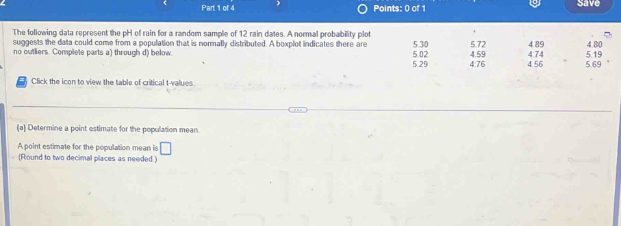 Save 
The following data represent the pH of rain for a random sample of 12 rain dates. A normal probability plot 5.30 5.72 4.89 4.80
suggests the data could come from a population that is normally distributed. A boxplot indicates there are 
no outliers. Complete parts a) through d) below 5.29 5.02 4.59 4.74 5.19
4:76 4.56 5.69
Click the icon to view the table of critical t-values. 
(a) Determine a point estimate for the population mean. 
A point estimate for the population mean is □
(Round to two decimal places as needed.)