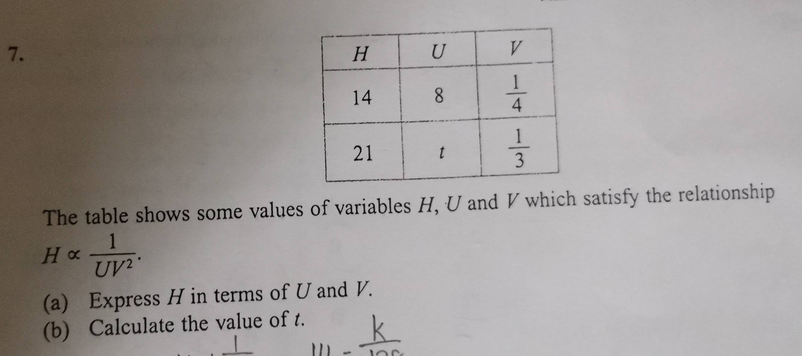 The table shows some values of variables H, U and V which satisfy the relationship
Halpha  1/UV^2 .
(a) Express H in terms of U and V.
(b) Calculate the value of t.