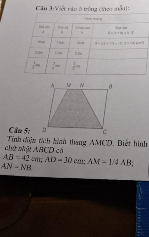 Cầu 3:Viết vào ô trống (theo mẫu):
Câu 5:
Tính diện tích hình thang AMCD. Biết hình
chữ nhật ABCD có
AB=42cm;AD=30cm;AM=1/4AB;
AN=NB.