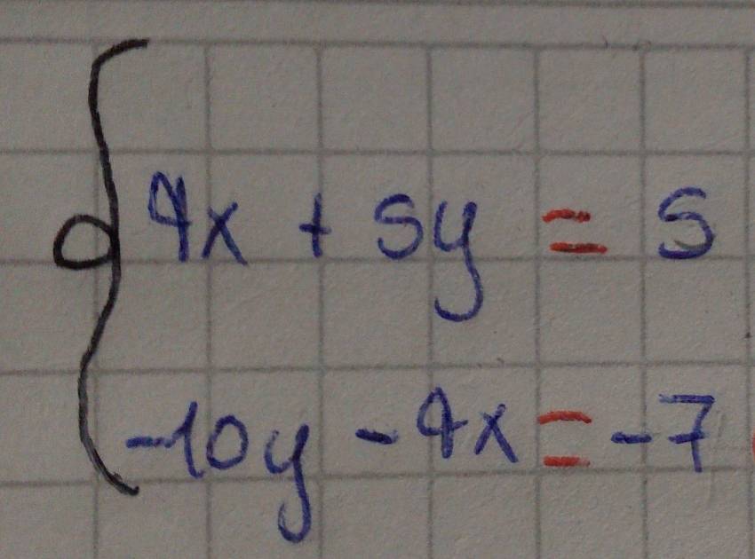 beginarrayl 9x+3y=5 -10y-6x=-3endarray.