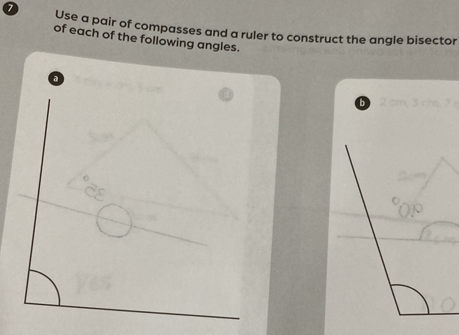 Use a pair of compasses and a ruler to construct the angle bisector 
of each of the following angles. 
a 
b