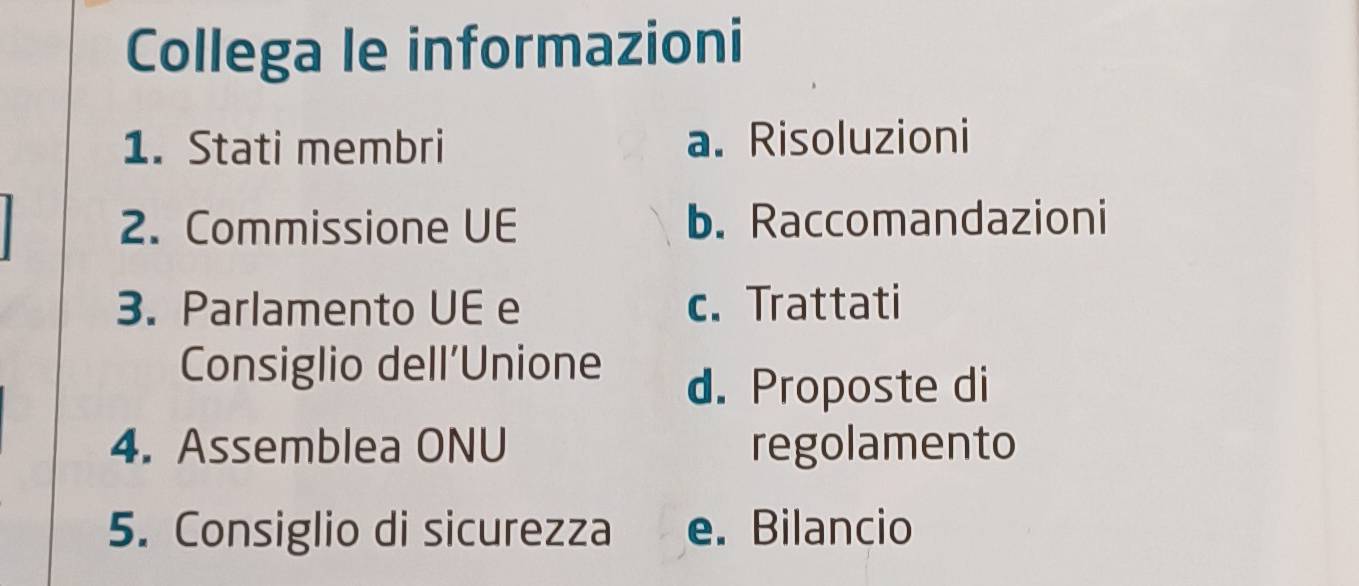 Collega le informazioni
1. Stati membri a. Risoluzioni
2. Commissione UE b. Raccomandazioni
3. Parlamento UE e c. Trattati
Consiglio dell'Unione
d. Proposte di
4. Assemblea ONU regolamento
5. Consiglio di sicurezza e. Bilancio