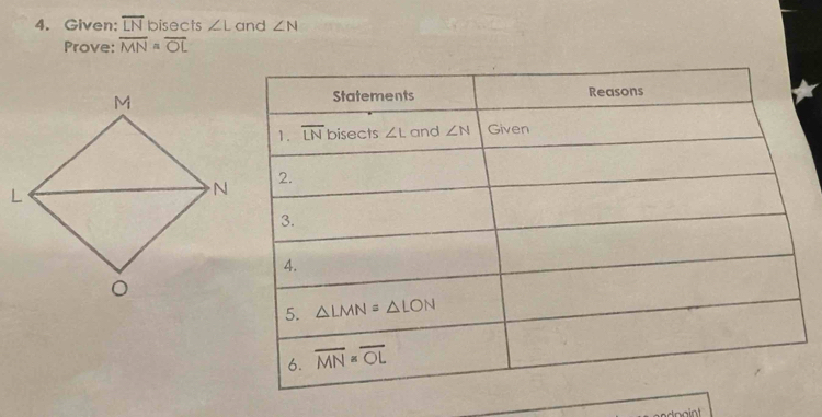 Given: overline LN bisects ∠ L and ∠ N
Prove: overline MN=overline OL