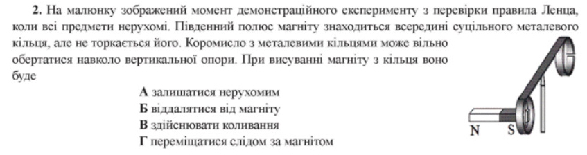 На малюонку зображений момент демонетраційного експерименту з перевірки правила ленца,
коли веі предмети нерухомі. Півленний πолπос магніту знаходиться всередині суцільного металевого
кільцιя, але не торкасться його. Коромисло з металевими κільцями може вільно
обертатися навколо вертикалльної оπори. При висуванні магніту з кільця воно
бyae
А залишатися нерухомим
Бвіддаляτися від магніту
Β здйснюовати колливання
Γперемішатися слдом за магнітом