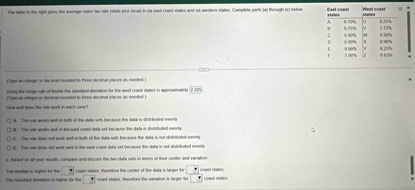 The table to the right gives the average sales tax rate (state plus local) in six east coast states and six western states Complete parts (a) through (e) below 
(Type an integer or decimal rounded to three decimal places as needed )
Using the range rule of thumb the standard deviation for the west coast states is approximately 2225
(Type an inleger or decimal rounded to three decimal places as needed )
How well does the rule work in each case?
A. The rule works well in both of the data sets because the data is distributed evenly
B. The rule works well in the east coast data set because the data is distributed evenly
C. The rule does not work well in both of the data sets because the data is not distributed evenly
D. The rule does not work well in the east coast data set because the data is not distributed evenly
Based on all your results, compare and discuss the two data sets in terms of their center and variation
The median is higher for the r coast states, therefore the center of the data is larger for coast states
The standard deviation is higher for the coast states, therefore the variation is larger for coast states