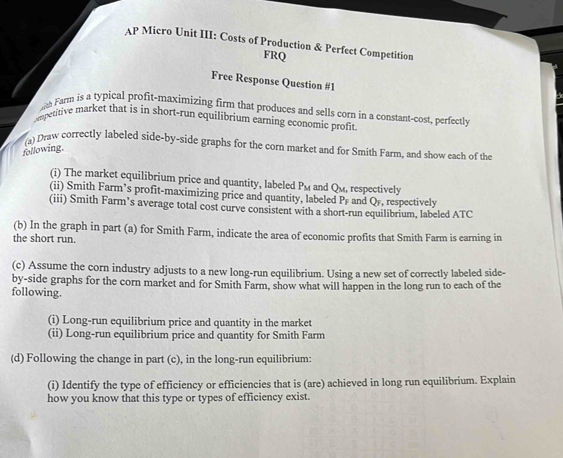Solved: AP Micro Unit III: Costs of Production & Perfect Competition FRQ  Free Response Question [Economics]