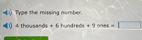 Type the missing number.
4thousands+6hundreds+9o nes=□