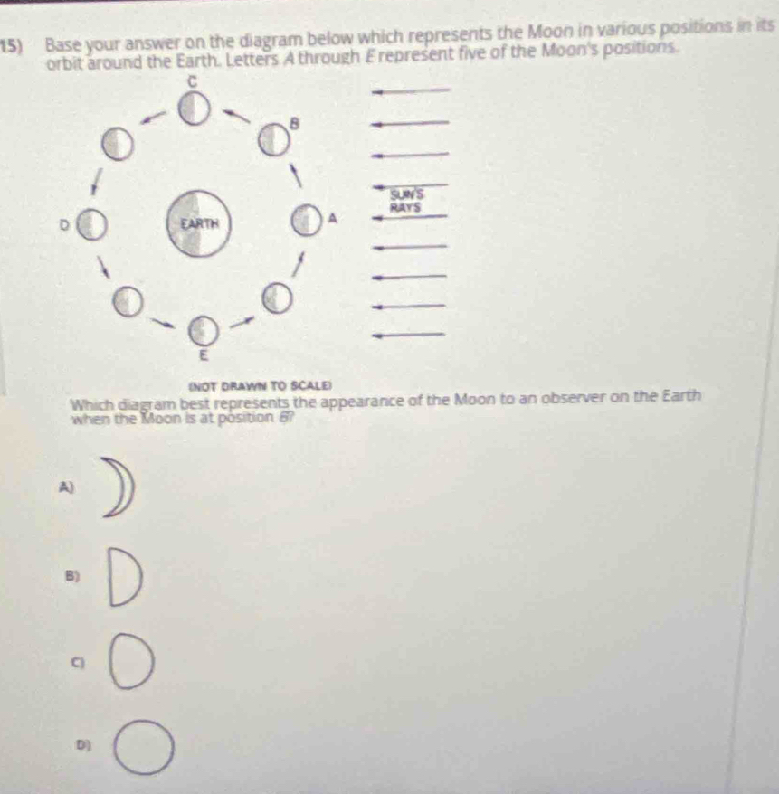 Base your answer on the diagram below which represents the Moon in various positions in its
orbit around the Earth. Letters A through E represent five of the Moon's positions.
(NOT DRAWN TO SCALE)
Which diagram best represents the appearance of the Moon to an observer on the Earth
when the Moon is at position 6?
A)
B)
C)
D