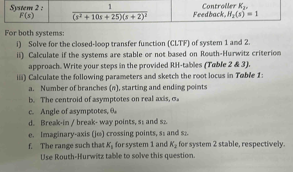 System 2 : 1 Controller K_2,
F(s) Feedback, H_2(s)=1
overline (s^2+10s+25)(s+2)^2
For both systems: 
i) Solve for the closed-loop transfer function (CLTF) of system 1 and 2. 
ii) Calculate if the systems are stable or not based on Routh-Hurwitz criterion 
approach. Write your steps in the provided RH-tables (Table 2 & 3). 
iii) Calculate the following parameters and sketch the root locus in Table 1: 
a. Number of branches (n), starting and ending points 
b. The centroid of asymptotes on real axis, sigma _a
c. Angle of asymptotes, θ _a
d. Break-in / break- way points, s 1 and s2. 
e. Imaginary-axis (jω) crossing points, s1 and s2. 
f. The range such that K_1 for system 1 and K_2 for system 2 stable, respectively. 
Use Routh-Hurwitz table to solve this question.