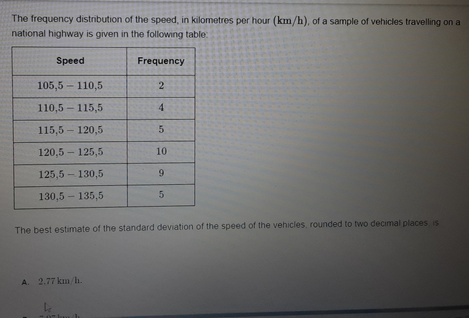 The frequency distribution of the speed, in kilometres per hour (km/h), of a sample of vehicles travelling on a
national highway is given in the following table:
The best estimate of the standard deviation of the speed of the vehicles, rounded to two decimal places, is
A. 2,77 km/h..