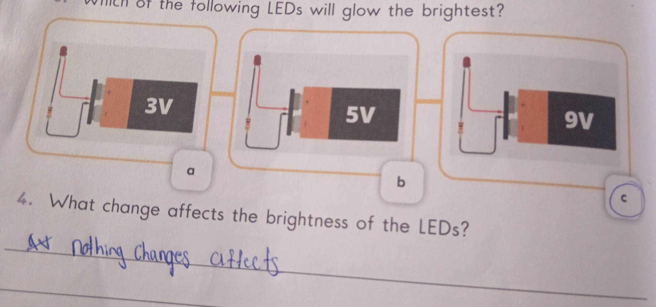 ch of the following LEDs will glow the brightest?
3V
5V
9V
a
b
C
4. What change affects the brightness of the LEDs?
_
_
_