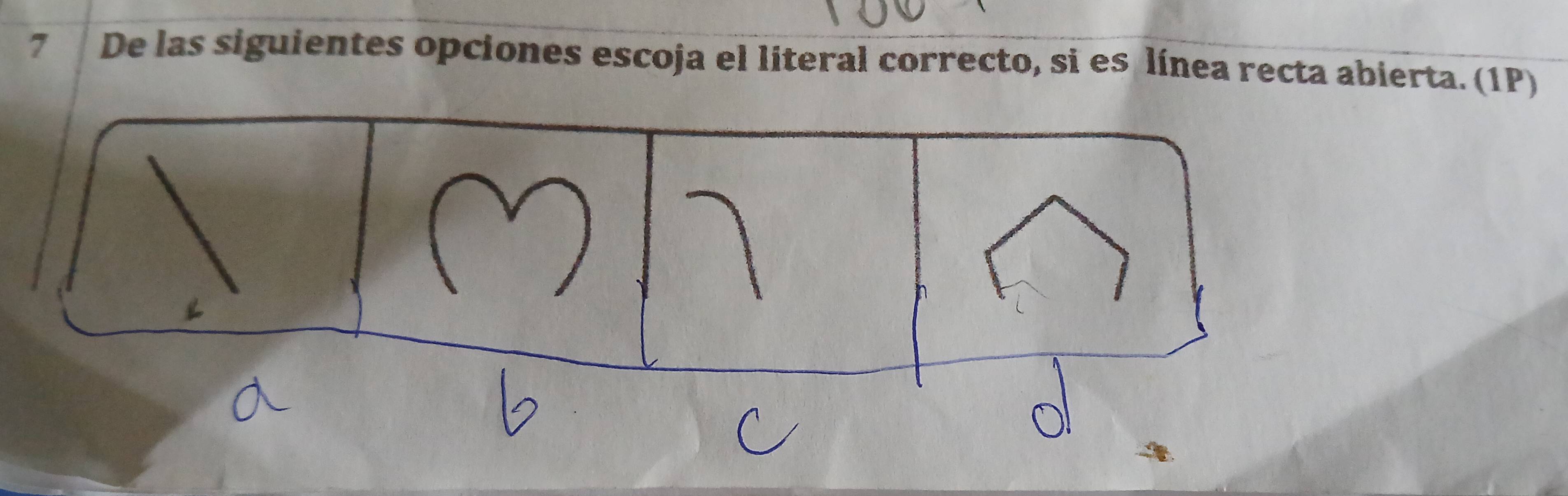 De las siguientes opciones escoja el literal correcto, si es línea recta abierta. (1P)