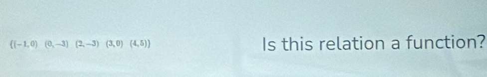 ((-1,0)(0,-3)(2,-3)(3,0)(4,5))
Is this relation a function?