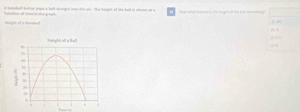 A baseball batter pops a ball straight into the air. The height of the ball is shown as a 2 Over what interval is the beight of the ball decreasing?
function of time in the graph.
Height of a Baseball (5,68)
(0,2)
(2,4))
(2,0)
Time (s)