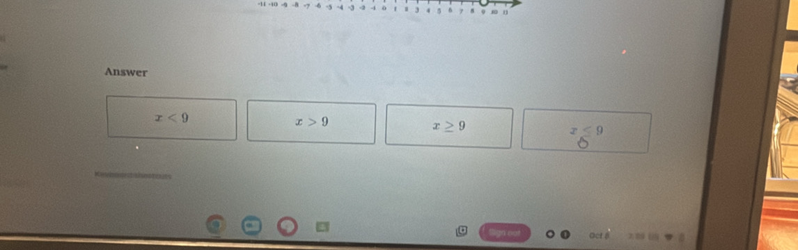 1 3 4 5 6 7 8 n
Answer
x<9</tex>
x>9
x≥ 9
x≤ 9
_