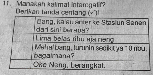 Manakah kalimat interogatif? 
Berikan tanda centang (√)!