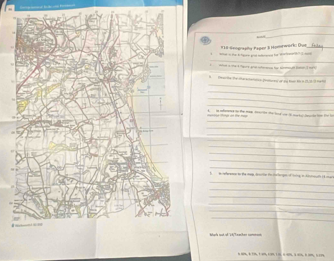 Cegorneeed Nul eoes Réfrre 
RAME 
_ 
Y10 Geography Paper 3 Homework: Due_ 
1. What is the 4 -figure grid reference for Warkworth? (1 mni) 
_ 
_ 
2. What is the 6 figure grid reference for Alnmouth Station (I mirk) 
_ 
3. Describe the characteristics (features) of the River Aln in 23,11 (2 murki) 
_ 
_ 
_ 
4. In reference to the map, describe the land use (6 marks) Describe how the lim 
mention things on the map 
_ 
_ 
a 
_ 
_ 
_ 
6 
_ 
_ 
_ 
5. In reference to the map, describe the challenges of living in Alnmouth (4 mari 
_ 
_ 
_ 
_ 
_ 
_ 

Mark out of 14/Teacher comment 
0: 60% ， 8: 73%, 7: 65%, 6 50%, % %%, 4:43%, 3:31%, 2:20%, 1.15%