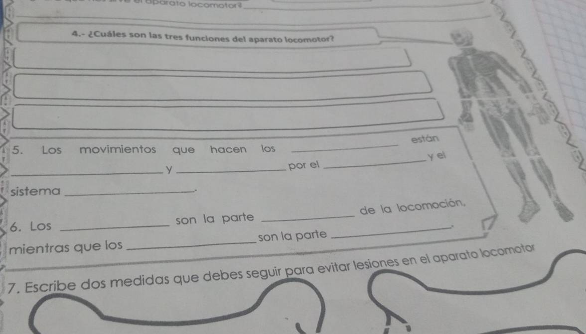 elaparato locomotor? 
_ 
4.- ¿Cuáles son las tres funciones del aparato locomotor? 
_ 
están 
5. Los movimientos que hacen los 
_y _por el _yel 
sistema_ 
de la locomoción, 
6. Los _son la parte__ 
. 
mientras que los _son la parte 
7. Escribe dos medidas que debes seguir para evitar lesiones en el aparato locomotor