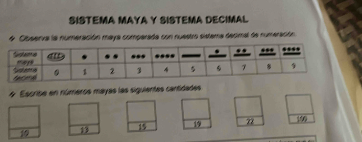 SISTEMA MAYA Y SISTEMA DECIMAL 
4 Observa la numeración maya comparada con nuestro eistema decimal de numeración 
* Escribe en números mayas las siguientes cantidades
10 13 15 19 n 190