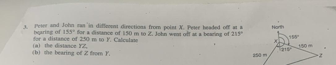 Peter and John ran in different directions from point X. Peter headed off at a 
bearing of 155° for a distance of 150 m to Z. John went off at a bearing of 215°
for a distance of 250 m to Y. Calculate
(a) the distance YZ, 
(b) the bearing of Z from Y.