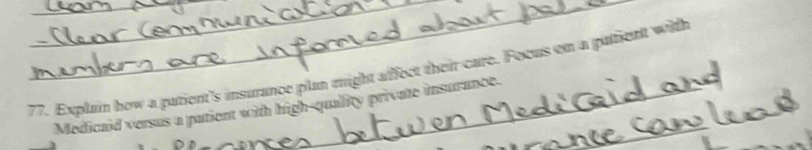 Explain how a parient's insurance plan might afect their care. Focus on a parient with 
Medicaid versus a patient with high-quallity private insurance._