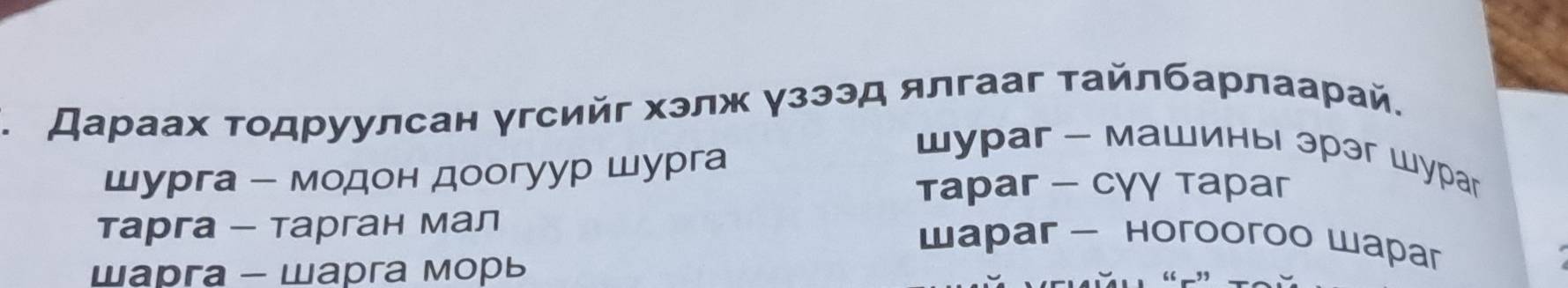 Дараах τодруулсан γгсийг хэлж γзээд ялгааг τайлбарлаарай.
шурга - модон доогуур Шурга
Wурar - машиныι эрэг шураr
Tаpar - Cγγ тарar
тарга - тарган мал
wаpar - Horooroo wapar
wаргa - Шарга морь