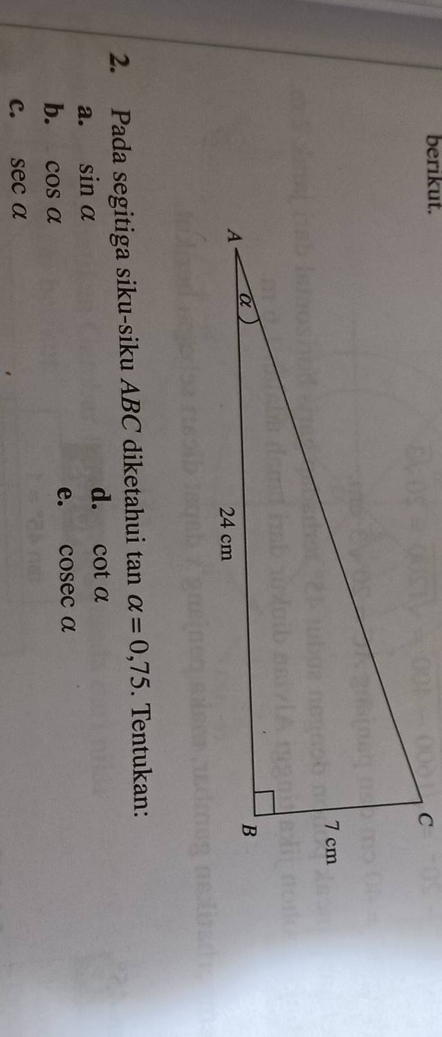 berikut. 
2. Pada segitiga siku-siku ABC diketahui tan alpha =0,75. Tentukan: 
a. sin alpha
d. cot alpha
b. cos alpha
e. cos ecalpha
C. sec alpha