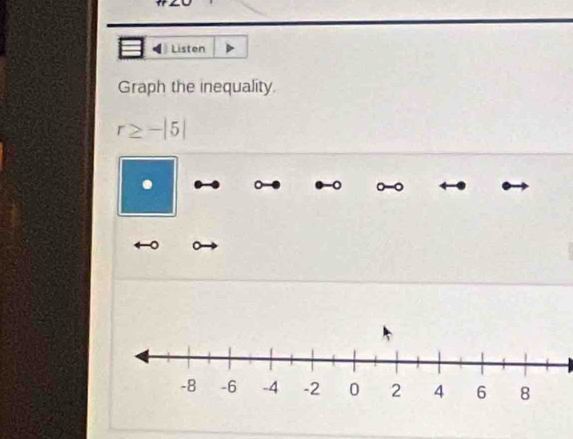 Listen 
Graph the inequality.
r≥slant -|5|
。