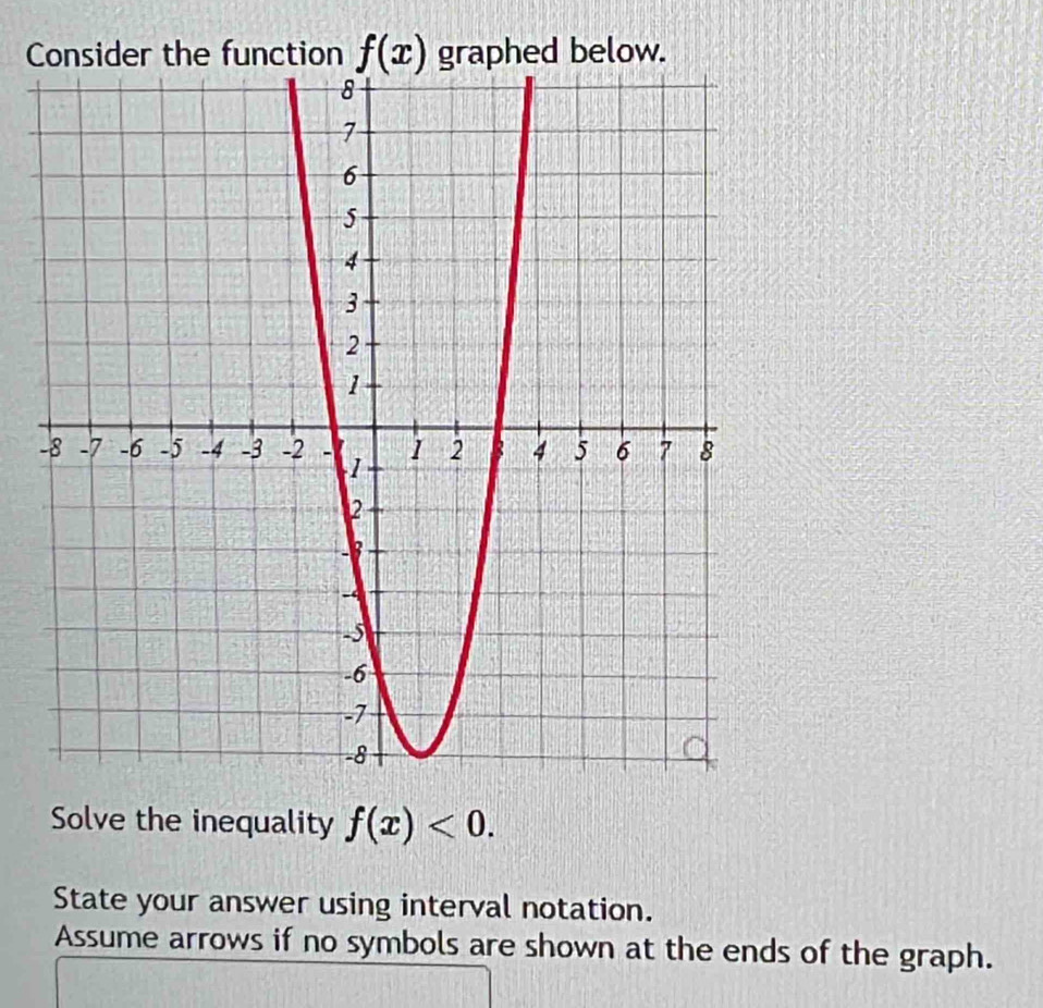 Consider the function f(x) graphed below. 
- 
Solve the inequality f(x)<0</tex>. 
State your answer using interval notation. 
Assume arrows if no symbols are shown at the ends of the graph.