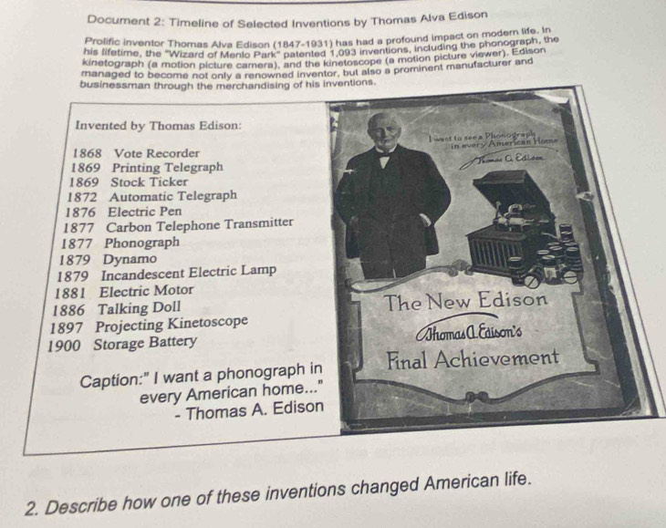 Document 2: Timeline of Selected Inventions by Thomas Alva Edison 
Prolific inventor Thomas Alva Edison (1847-1931) has had a profound impact on modern life. In 
his lifetime, the ''Wizard of Menio Park'' patented 1.093 inventions, including the phonograph, the 
kinetograph (a motion picture camera), and the kinetoscope (a motion picture viewer), Edison 
managed to become not only a renowned inventor, but also a prominent manufacturer and 
businessman through the merchandising of hi 
Invented by Thomas Edison: 
1868 Vote Recorder 
1869 Printing Telegraph 
1869 Stock Ticker 
1872 Automatic Telegraph 
1876 Electric Pen 
1877 Carbon Telephone Transmitter 
1877 Phonograph 
1879 Dynamo 
1879 Incandescent Electric Lamp 
1881 Electric Motor 
1886 Talking Doll 
1897 Projecting Kinetoscope 
1900 Storage Battery 
Caption:" I want a phonograph i 
every American home.. 
- Thomas A. Ediso 
2. Describe how one of these inventions changed American life.