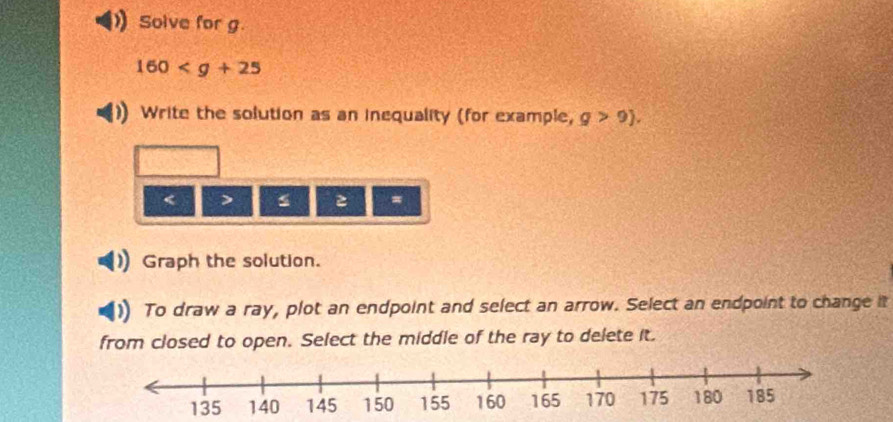 Solve for g.
160
Write the solution as an inequality (for example, g>9).
< > s 2 =
Graph the solution. 
To draw a ray, plot an endpoint and select an arrow. Select an endpoint to change it 
from closed to open. Select the middle of the ray to delete it.