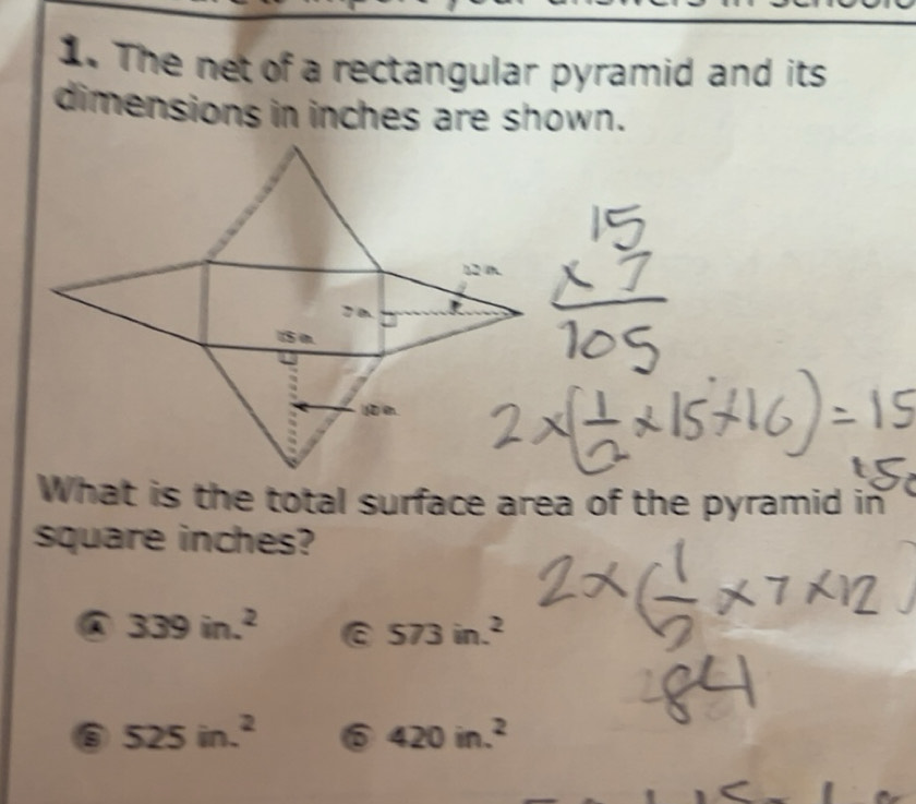 Solved: The net of a rectangular pyramid and its dimensions in inches ...