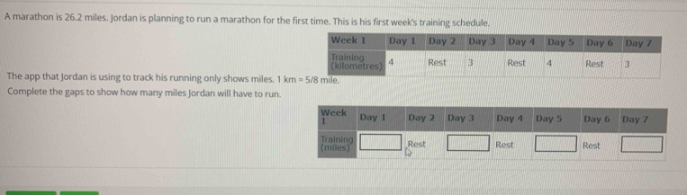 Solved: A marathon is 26.2 miles. Jordan is planning to run a marathon ...