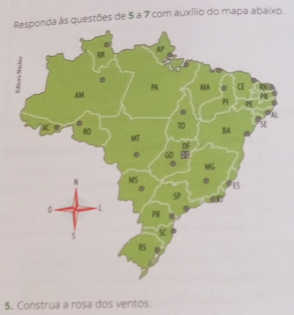 Responda às questões de 5 a 7 com auxílio do mapa abaixo. 
5. Construa a rosa dos ventos.