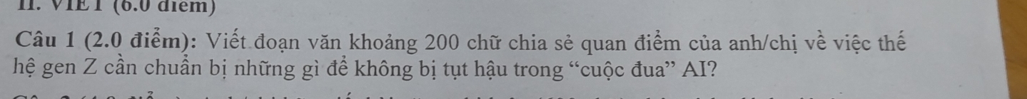 VIÉ T (6.0 điểm) 
Câu 1 (2.0 điểm): Viết đoạn văn khoảng 200 chữ chia sẻ quan điểm của anh/chị về việc thế 
hệ gen Z cần chuẩn bị những gì để không bị tụt hậu trong “cuộc đua” AI?