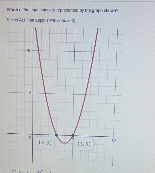 Which of the equations are represented by the graph shown?
Select ALL that apply. (hint: choose 3)
A)