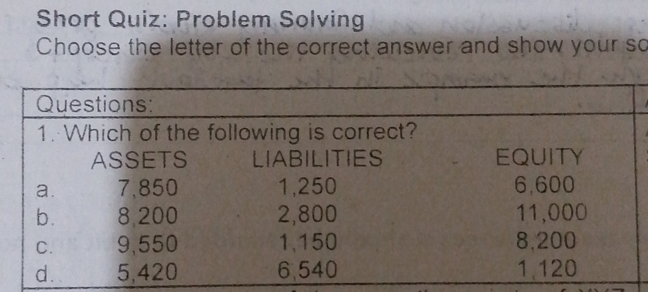 Short Quiz: Problem Solving 
Choose the letter of the correct answer and show your so