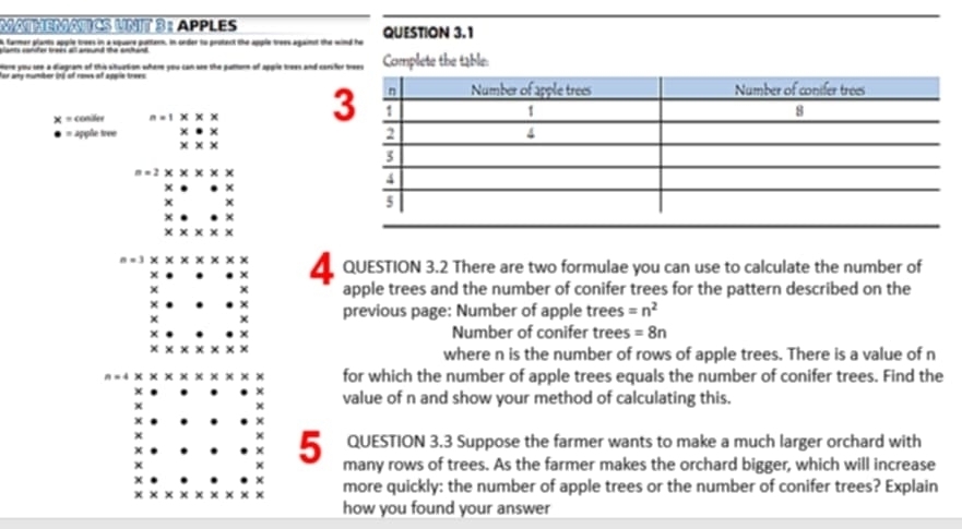 MaheMäics unit 31 AppLes 
farmer plants apple trees in a squere puttern. In cnder to protect the apple trees against the wind he QUESTION 3.1 
Here you see a diegram of this shuation where you can are the puttorn of apple trees and confer trees Complete the table: 
or any number ind of ros of appie trees 
conifer 
= appõe tree
n=2
x
n=3
× 
4 QUESTION 3.2 There are two formulae you can use to calculate the number of 
× ) apple trees and the number of conifer trees for the pattern described on the 
previous page: Number of apple trees =n^2
Number of conifer trees =8n
where n is the number of rows of apple trees. There is a value of n
for which the number of apple trees equals the number of conifer trees. Find the 
value of n and show your method of calculating this. 
QUESTION 3.3 Suppose the farmer wants to make a much larger orchard with
5 many rows of trees. As the farmer makes the orchard bigger, which will increase 
more quickly: the number of apple trees or the number of conifer trees? Explain 
how you found your answer