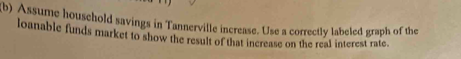 Assume household savings in Tannerville increase. Use a correctly labeled graph of the 
loanable funds market to show the result of that increase on the real interest rate.