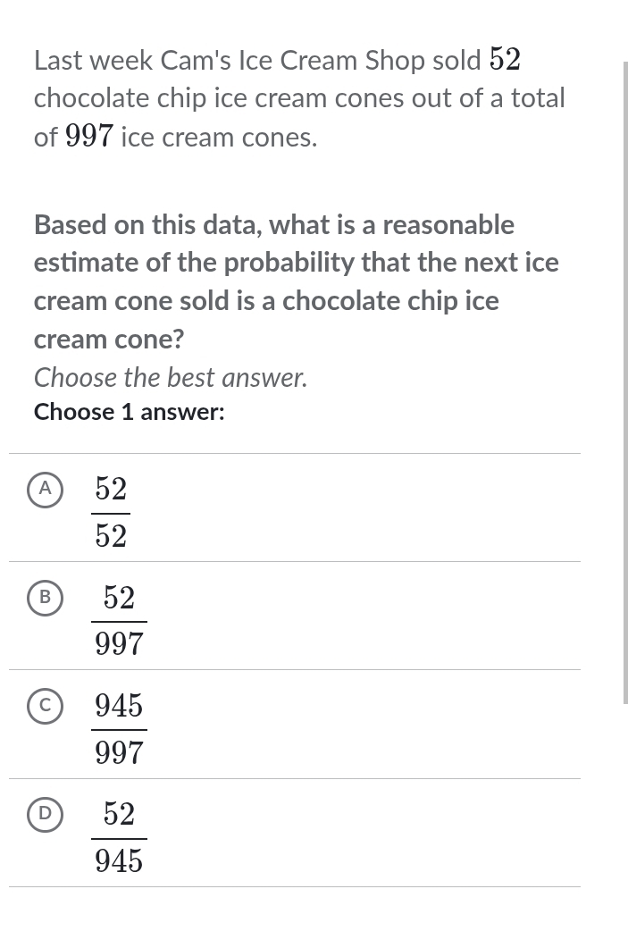 Last week Cam's Ice Cream Shop sold 52
chocolate chip ice cream cones out of a total
of 997 ice cream cones.
Based on this data, what is a reasonable
estimate of the probability that the next ice
cream cone sold is a chocolate chip ice
cream cone?
Choose the best answer.
Choose 1 answer:
A  52/52 
B  52/997 
C  945/997 
D  52/945 