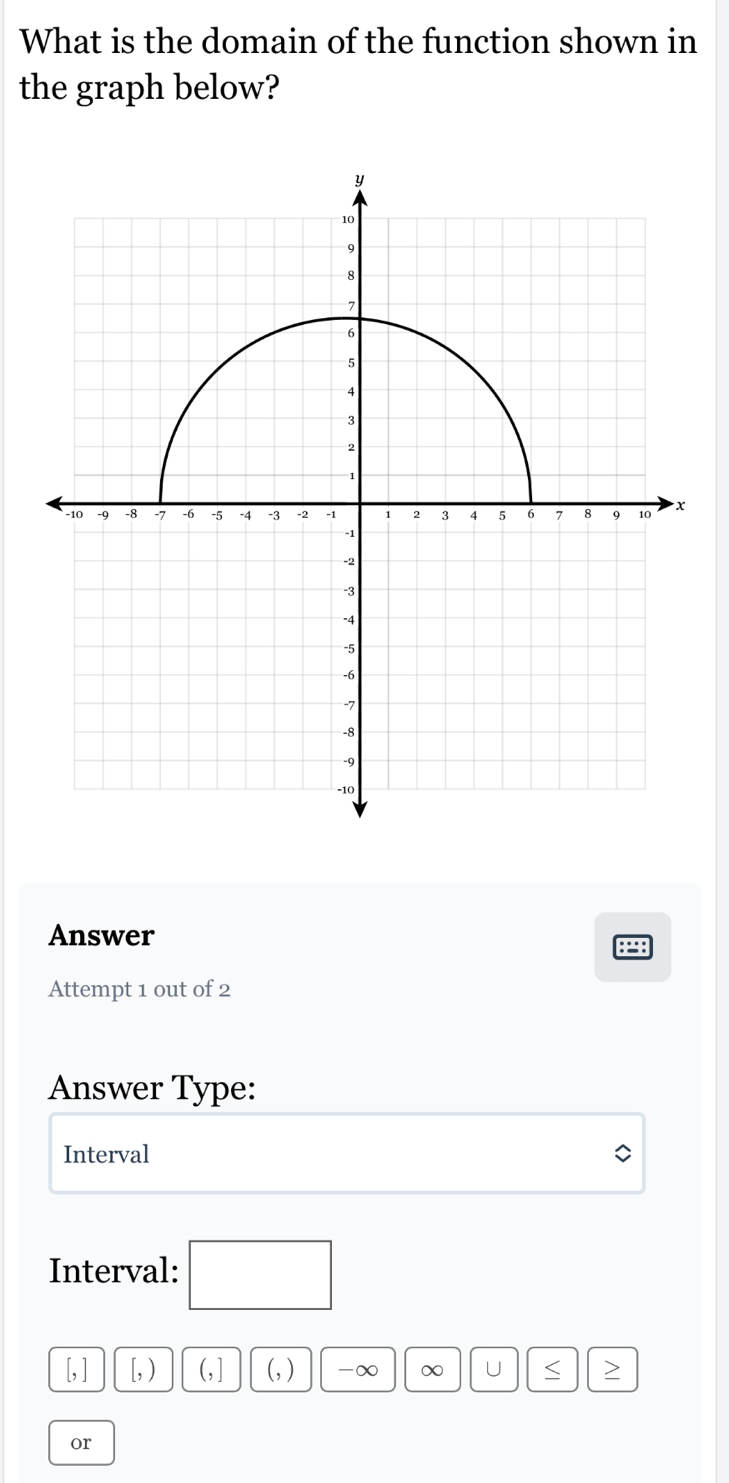 What is the domain of the function shown in 
the graph below? 
Answer 
8298 
Attempt 1 out of 2 
Answer Type: 
Interval 
Interval: □ 
[, ] [, ) (, ] (, ) -∞ ∞ U < > 
or