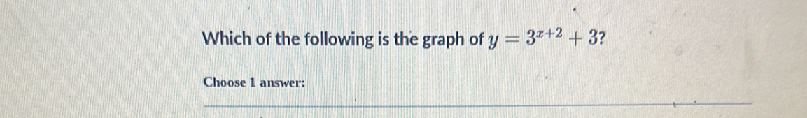 Which of the following is the graph of y=3^(x+2)+3 ? 
Choose 1 answer: